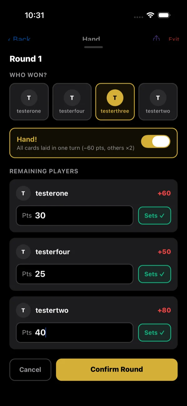 Hand — Enter each round