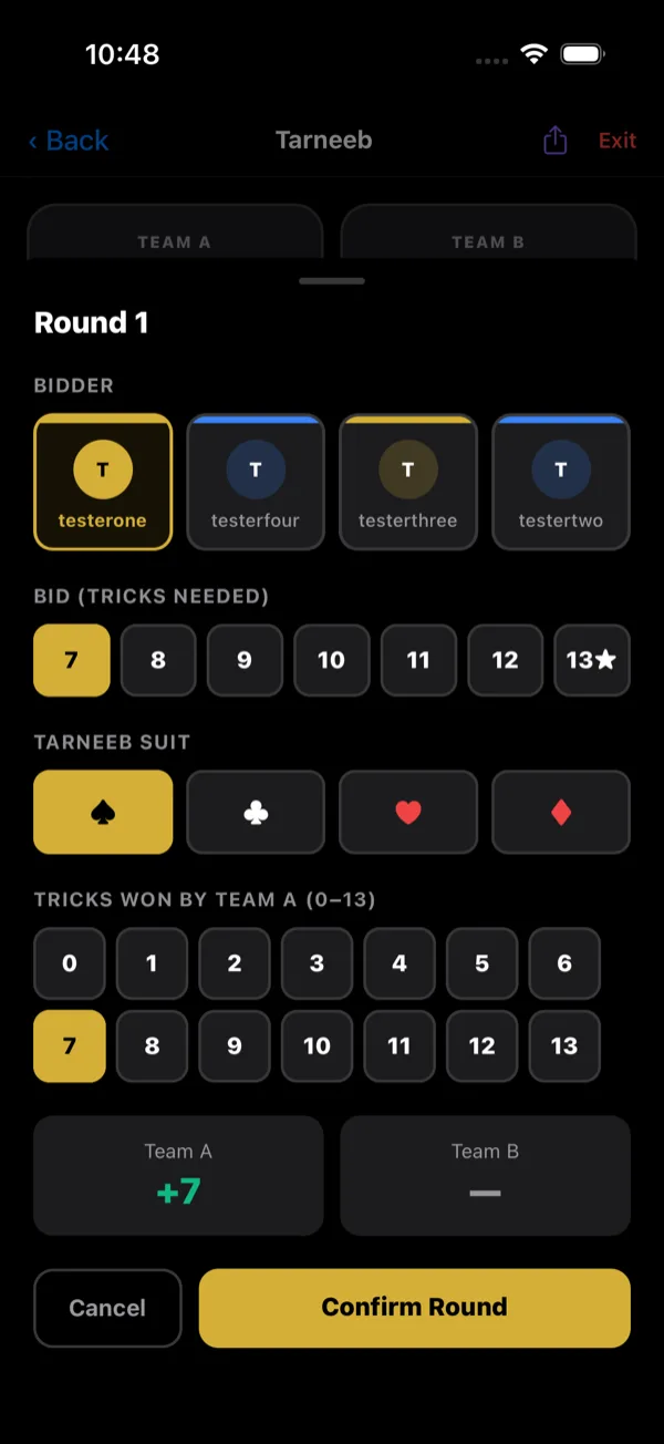 Tarneeb — Enter the bid and the tricks